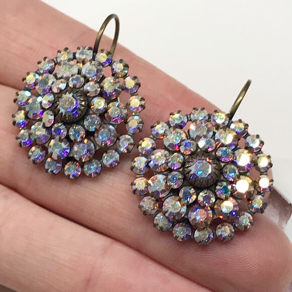 Liz Palacios Antiqued Brass AB Aurora Borealis Swarovski Crystal Earrings - Picture 6 of 12